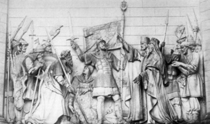 Благословение Пожарского и Минина Дионисием на освобождение Москвы. Горельеф храма Христа Спасителя. Скульптор А. Логановский